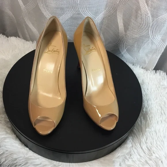 Christian Louboutin Beige Patent Peep-Toe Pumps - Picture 13 of 15